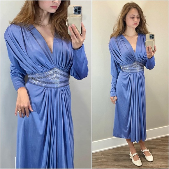 Vintage 1980s Beaded Dress Periwinkle Midi Size XS - Picture 1 of 7